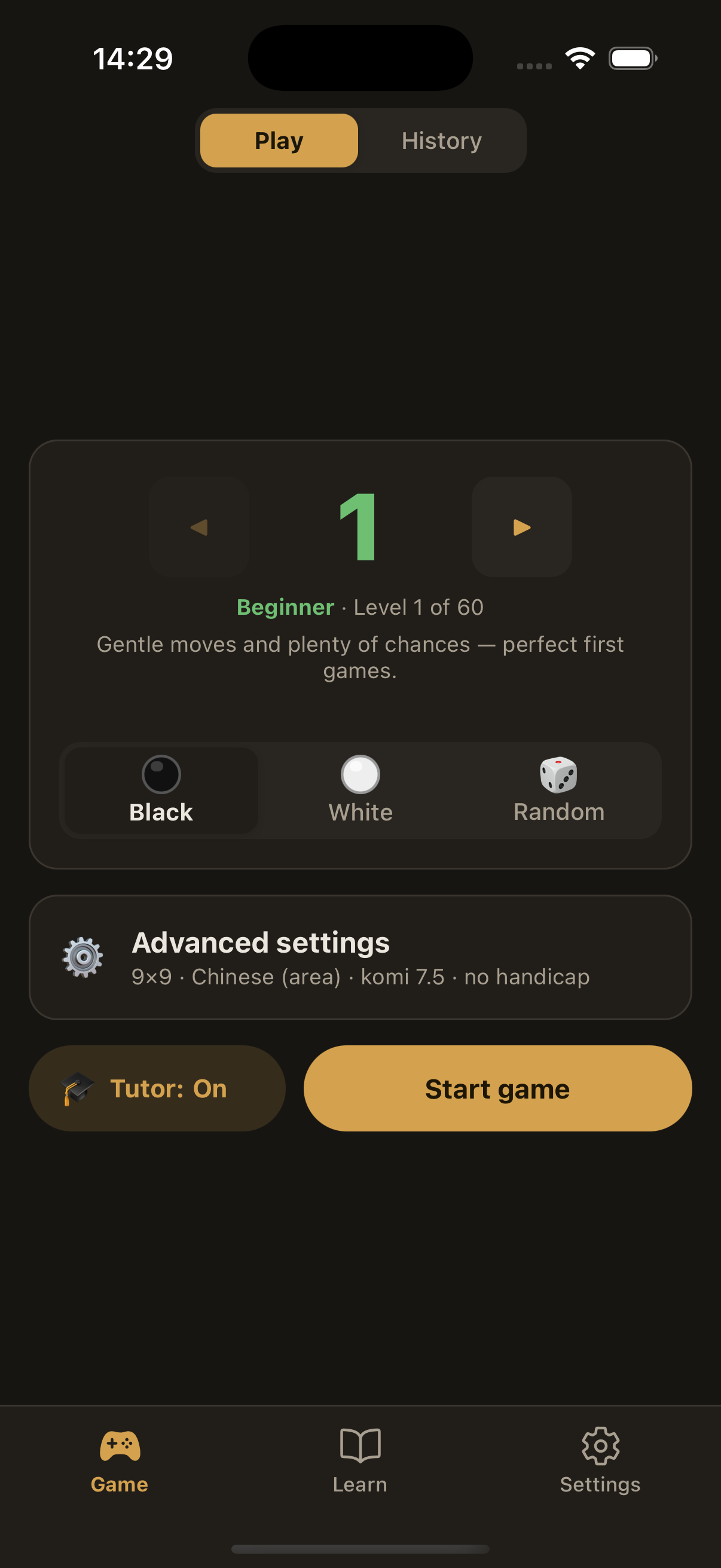 The Play screen, showing a 60-level ladder with level 1 selected and a colour picker