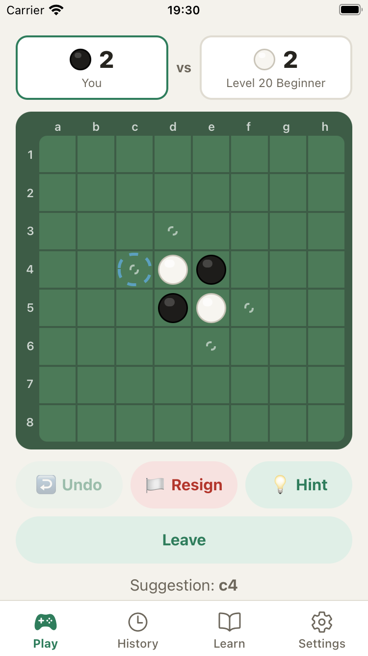 A game in progress with a suggested move highlighted on the board